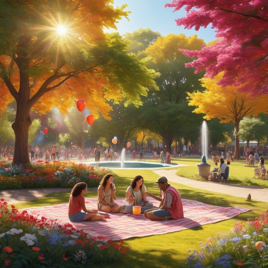 A vibrant, sunlit park scene filled with diverse people laughing, engaging in playful activities, surrounded by blooming flowers and colorful trees, symbolizing community and joy. Include elements like balloons, picnic blankets, and a fountain to evoke a sense of happiness. super-realistic. vibrant colors. warm tones.
