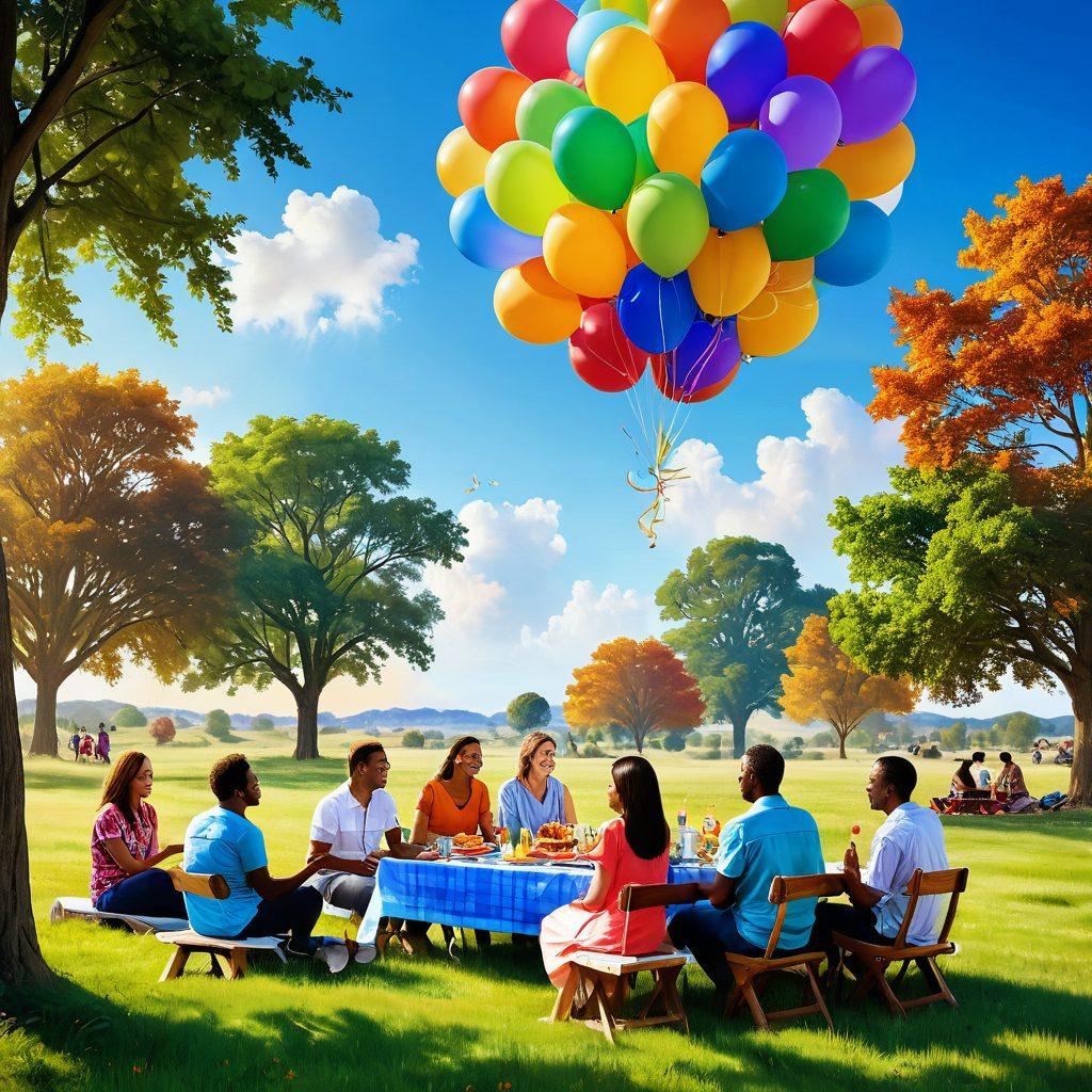 A serene landscape depicting joyful gatherings, with diverse people sharing laughter and engaging in heartfelt conversations under a bright sky. Include elements like colorful balloons, a picnic setup, and vibrant nature around them, symbolizing connections and lasting delight. The scene should evoke feelings of happiness and togetherness. super-realistic. vibrant colors. open sky.
