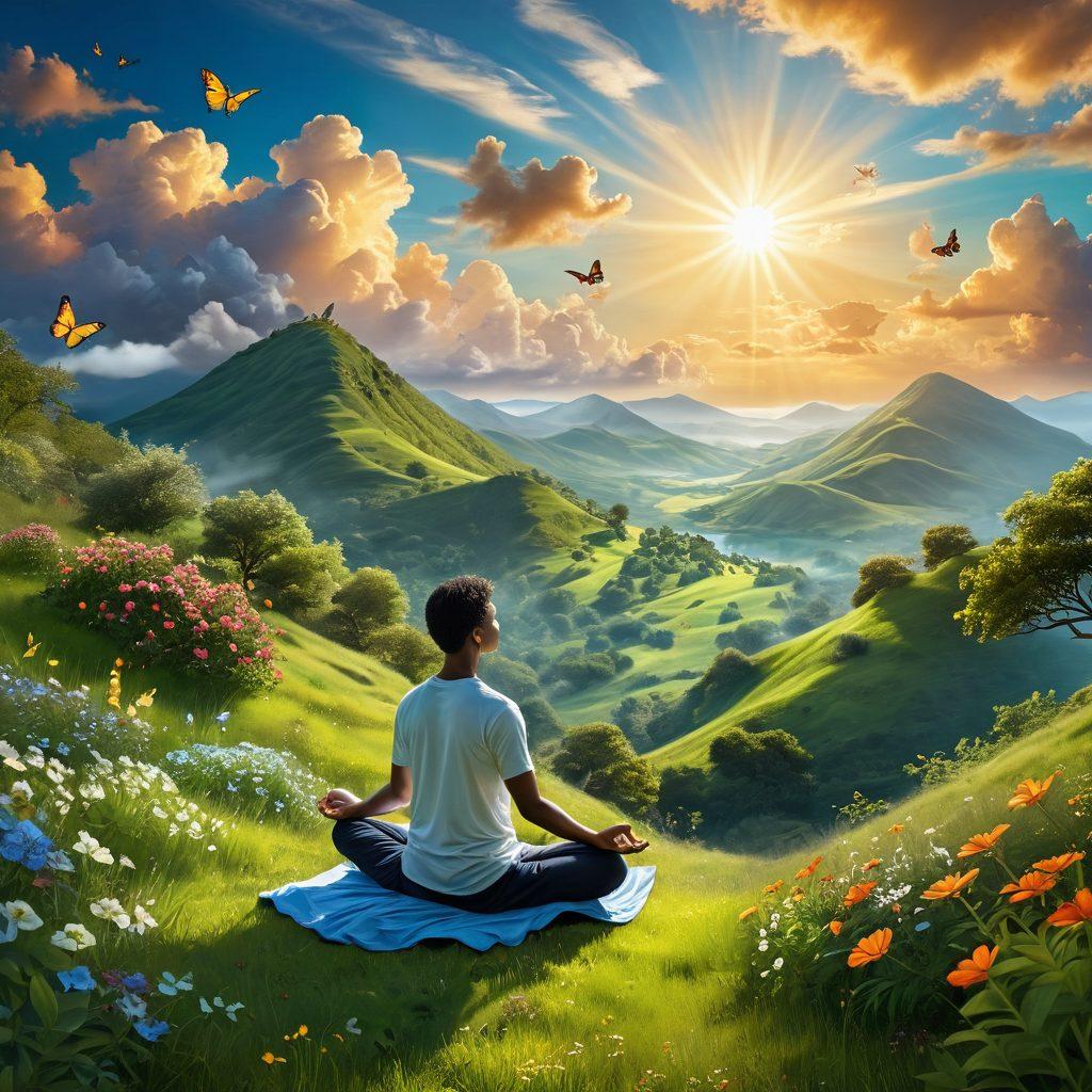 A serene landscape showing a person meditating on a lush green hillside, surrounded by blooming flowers and butterflies, with a radiant sun casting warm golden rays. The scene symbolizes positivity and holistic well-being. Incorporate elements like gentle waves in the background and soft clouds in a blue sky. super-realistic. vibrant colors. tranquil atmosphere.